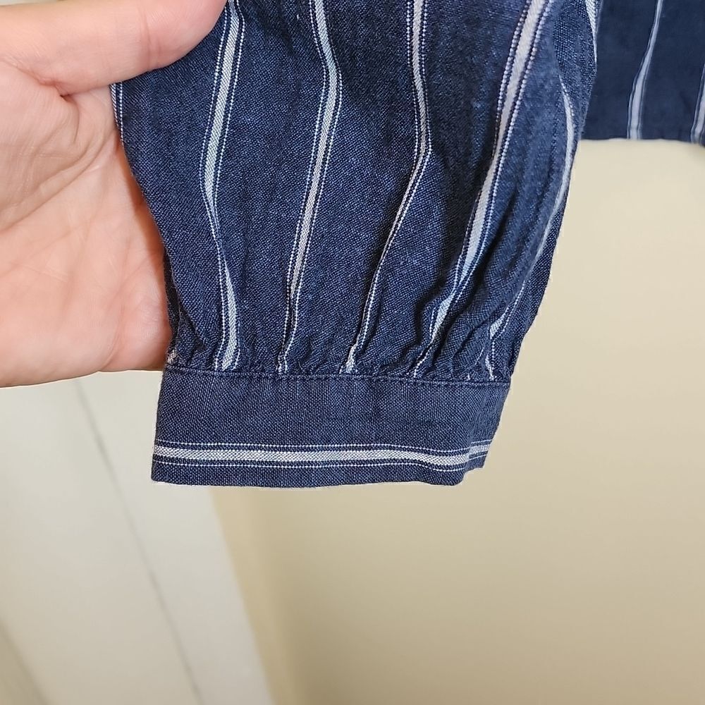 JCREW Linen Blend Denim Top Full Button Front Cinching Waist Contrasting Stripes - Picture 4 of 15